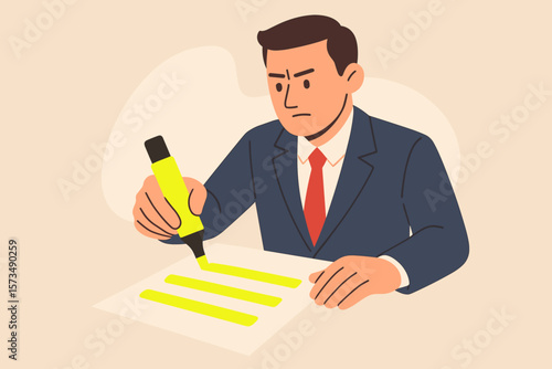 Businessman highlighting important information with yellow marker. Office agenda, planning, reminder, note-taking, organization, productivity, business meeting, success strategy concept
