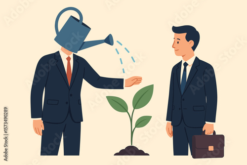 Business mentorship and career growth concept. Coach or mentor watering seedling plant, supporting professional development, guidance, education, leadership, success, teamwork, assistance