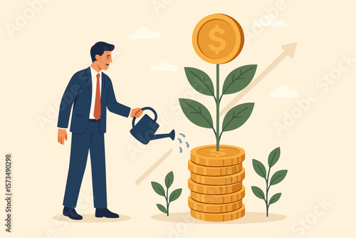 Businessman Investor Watering Money Plant Growing on Coin Stack. Investment Growth, Wealth Management, Profit Increase, Savings, Pension Fund, Financial Success Concept Illustration