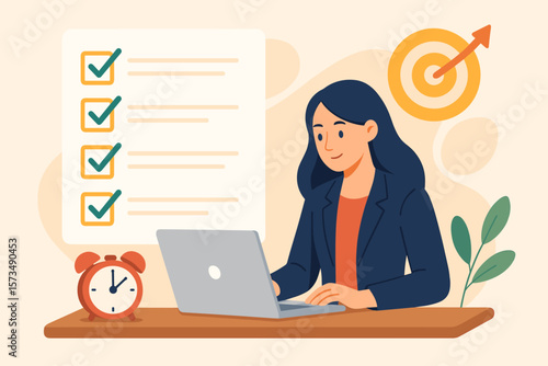 Business productivity and project management concept. Efficient businesswoman working on laptop, completing checklist, time management, achieving goals, workplace organization