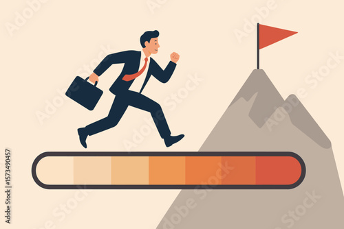 Businessman runs on a loading progress bar. Concept for journey to success, achieving a goal. Business step or career path, mission or challenge to succeed. Improvement.