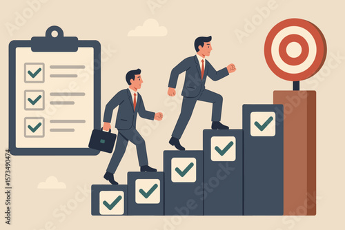 Businessmen climbing career ladder stairs to success. Goal achievement, progress and development concept. Task completion checklist to reach target. Vector illustration.