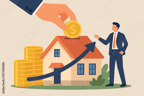 Real estate investment, buying house for rental income, ROI, mortgage, property ownership, financial growth, business opportunity, profit, businessman, money savings