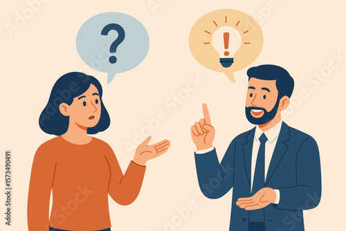 Business communication concept. Man in suit answers woman’s question. FAQ, problem solving, support, solution, brainstorming, idea, exclamation, question mark, teamwork
