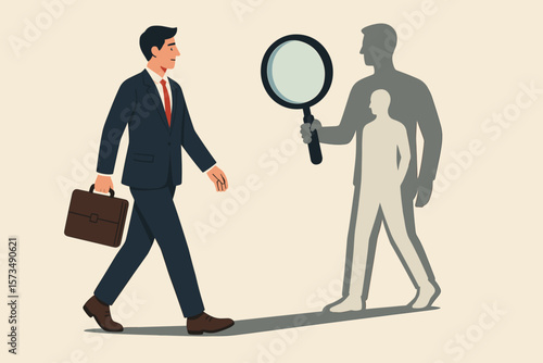 Self assessment, analysis process to know yourself. Discover plan or goal for living, work, career. Concept of businessman walking with shadow using magnifying glass to see inner self.