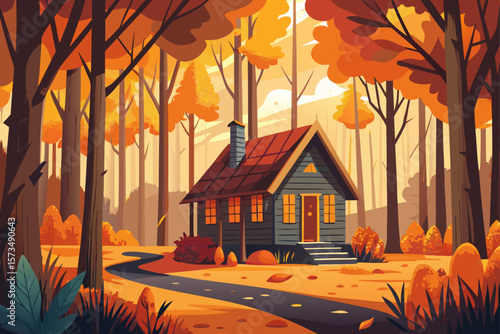 Autumnal Forest Cabin Cozy Fall Cottage in Vibrant Woods
