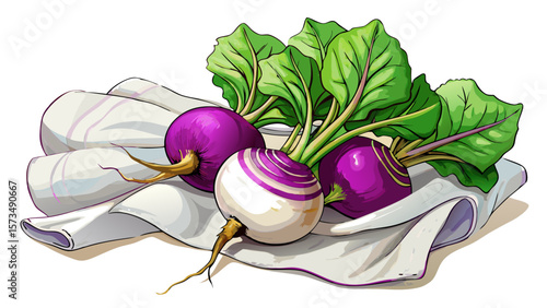 Clean organic turnips, round and purple-white, with thin roots and fresh green tops, lie gently across a white cloth, embodying simplicity, nutrition, and vintage market charm in design.