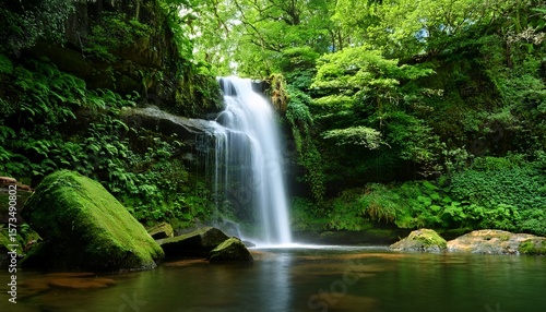 tranquil natural waterfall surrounded by lush greenery and rocks