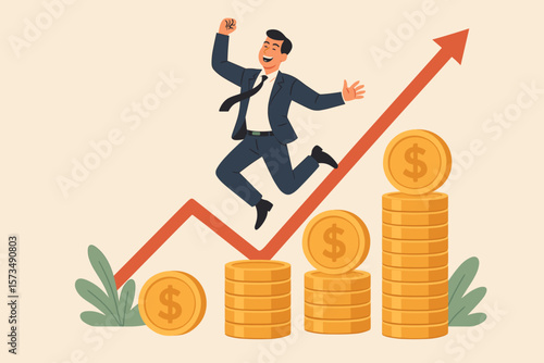 Happy businessman jumping over stacks of gold coins with upward financial growth arrow, investment success, wealth increase, stock market profit, financial freedom concept