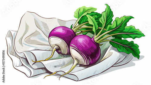Clean organic turnips, round and purple-white, with thin roots and fresh green tops, lie gently across a white cloth, embodying simplicity, nutrition, and vintage market charm in design.