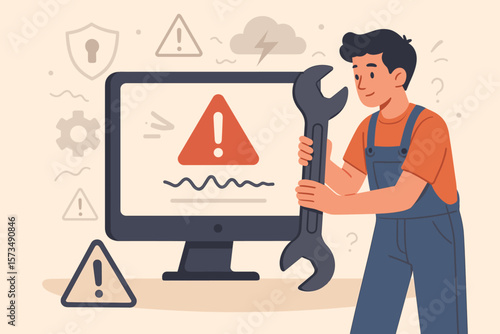Computer system error, software problem, security alert, hardware failure warning, maintenance concept. Young technician holding wrench fixing technical issue, caution sign