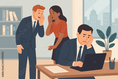Workplace gossip, office bullying, and harassment. Colleagues whispering and spreading rumors behind a sad employee's back. Toxic work environment, social exclusion, mobbing concept.