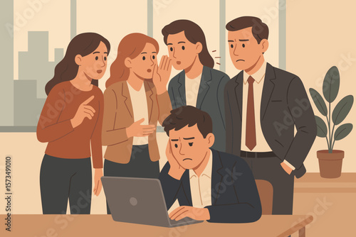 Workplace gossip and office rumors, business colleagues whispering, talking behind coworker’s back, bullying, misinformation, toxic work environment, rude behavior concept