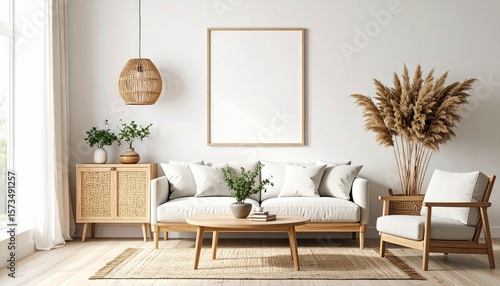 Empty Mocku up frame on the wall on Interior with Natural Light – Cozy Modern Living Room. Generated image