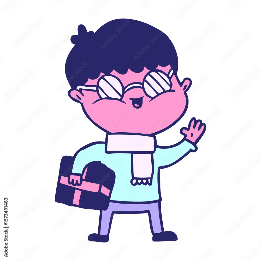 Obraz premium cartoon boy wearing spectacles carrying gift in bright neon color