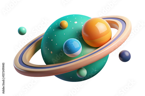 Cartoon planet system with rings isolated on transparent background