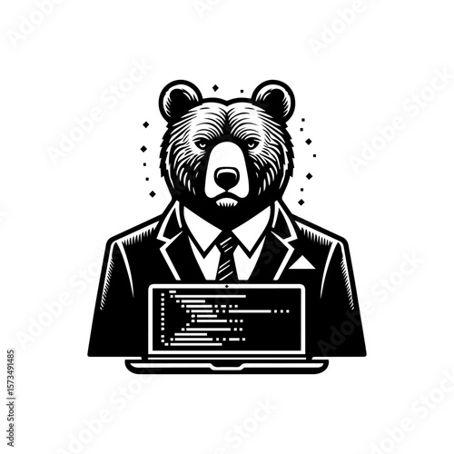A stylized bear in a suit holding a laptop, showcasing coding.