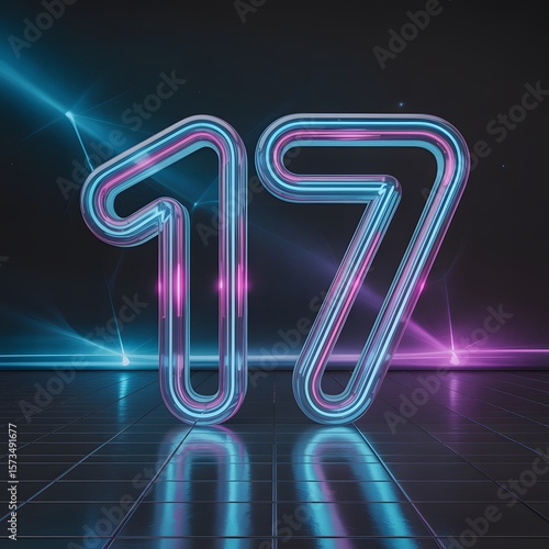 Glowing neon number 17 futuristic typography with luminous reflection, cyberpunk light design for birthdays, signage, posters, events, branding and modern creative artwork visuals, Generative AI  
