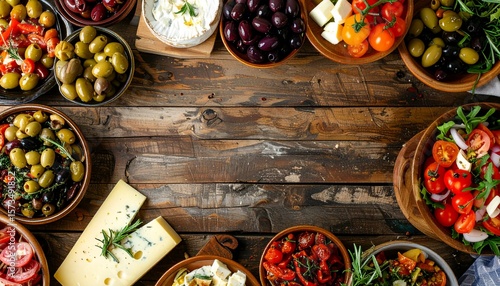 Rustic wooden table showcasing an array of Mediterranean delicacies and appetizers, including olives, cheeses, and colorful tomatoes.