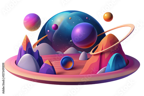 Abstract cosmic landscape with planets isolated on transparent background