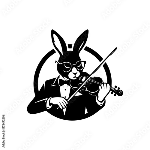 A rabbit, formally dressed, plays a violin inside a circular frame.