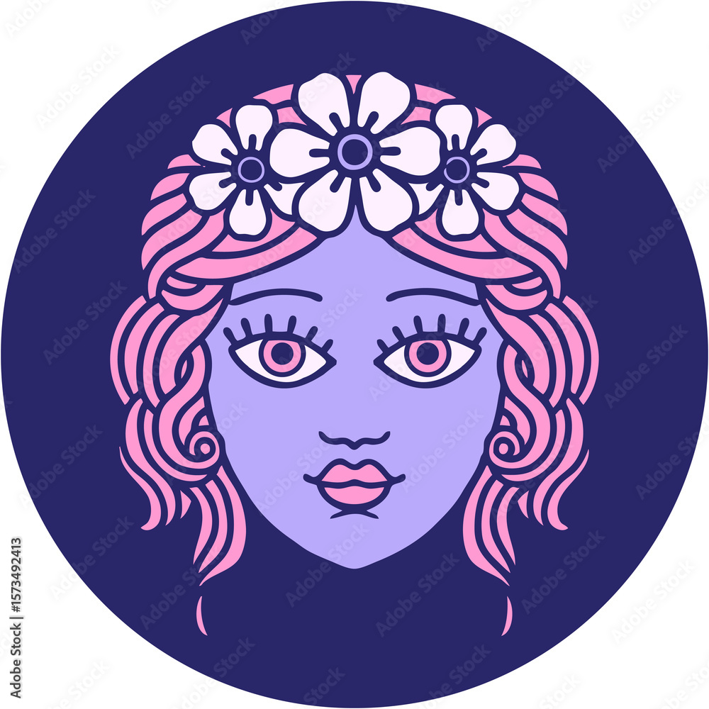 iconic tattoo style image of female face with crown of flowers in bright neon color iconic tattoo style image of female face with crown of flowers in bright neon color