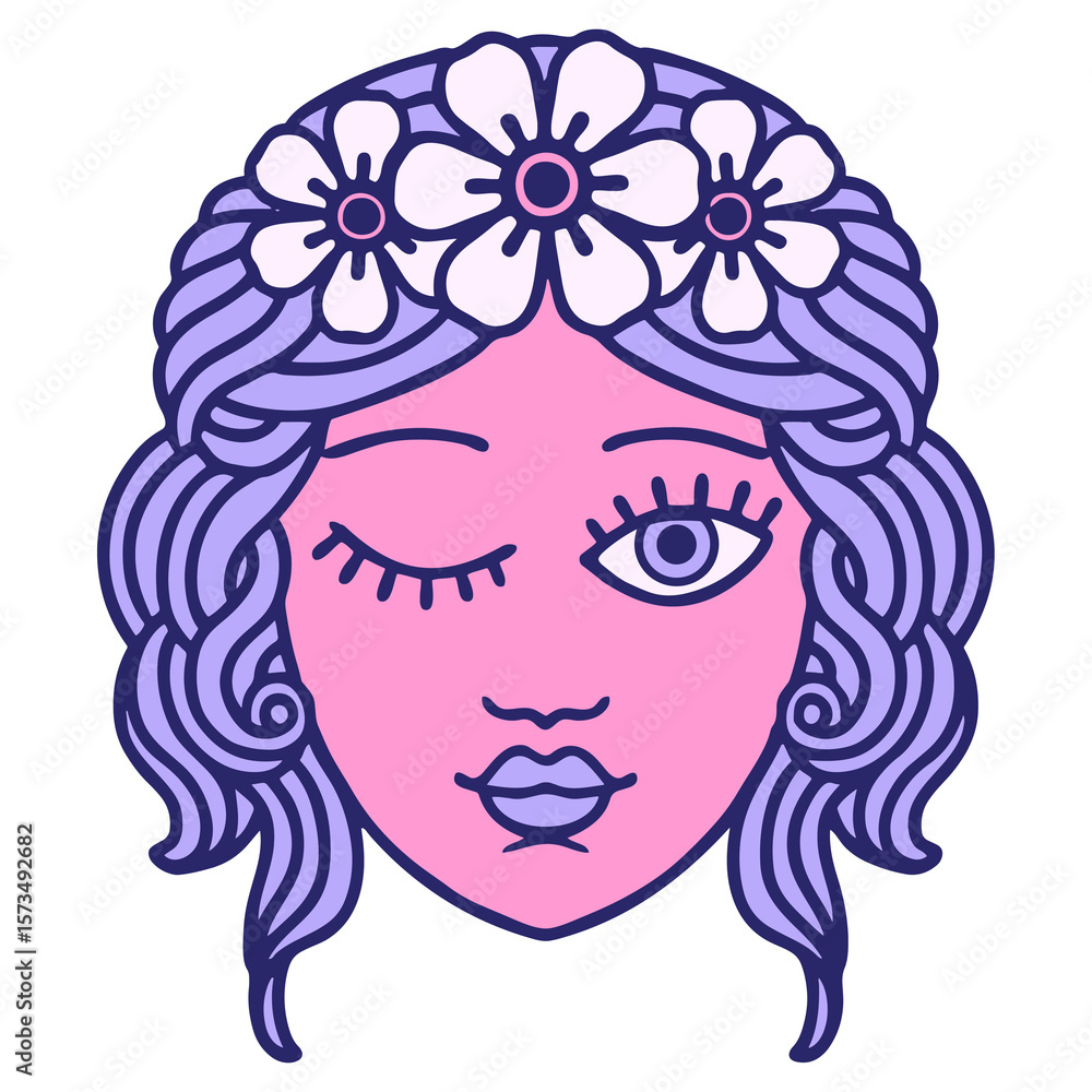 winking face tattoo style design in bright neon color winking face tattoo style design in bright neon color