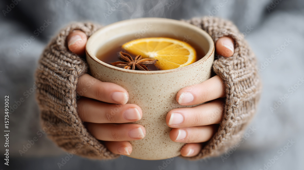 Cozy autumn moment: woman's hands embracing a warm cider mug with orange slice and star anise Cozy autumn moment: woman's hands embracing a warm cider mug with orange slice and star anise