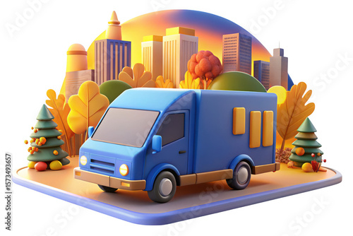 Blue delivery van in autumn cityscape isolated on transparent background