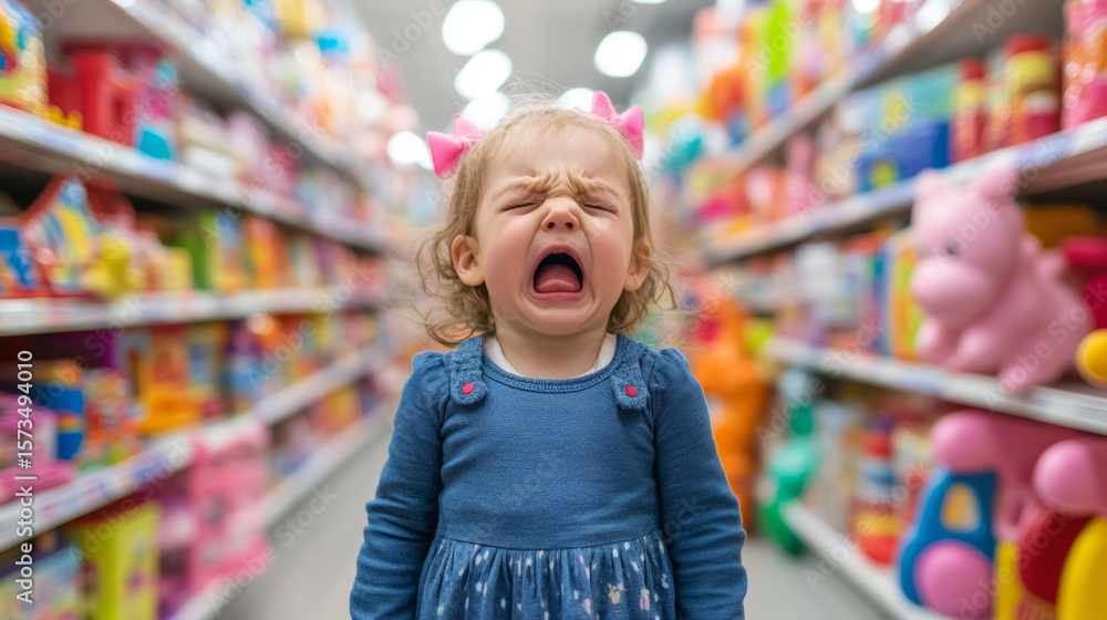 Frustration and tears of a toddler girl having a tantrum in a toy store aisle Frustration and tears of a toddler girl having a tantrum in a toy store aisle