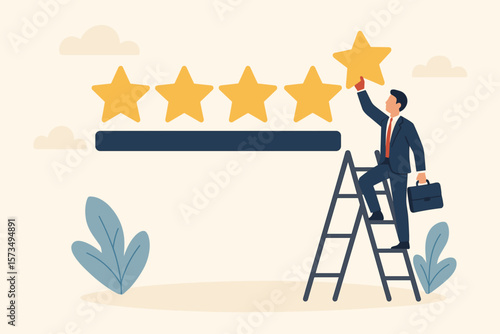 Businessman climbs a ladder to give a 5-star rating. Concept for high quality, good business reputation, customer feedback, credit score, evaluation, and career success.
