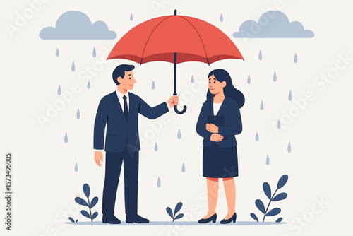 Altruism, selfless leadership for team protection. Businessman with umbrella supporting colleague. Empathy, care, respect for success. Kindness and support vector concept.