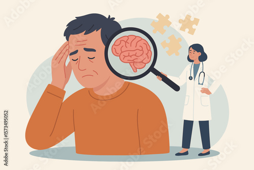 Doctor with magnifying glass examines patient's brain. Concept for amnesia, memory loss, dementia, Alzheimer's disease, mental illness, psychology, anxiety, thinking disorder.