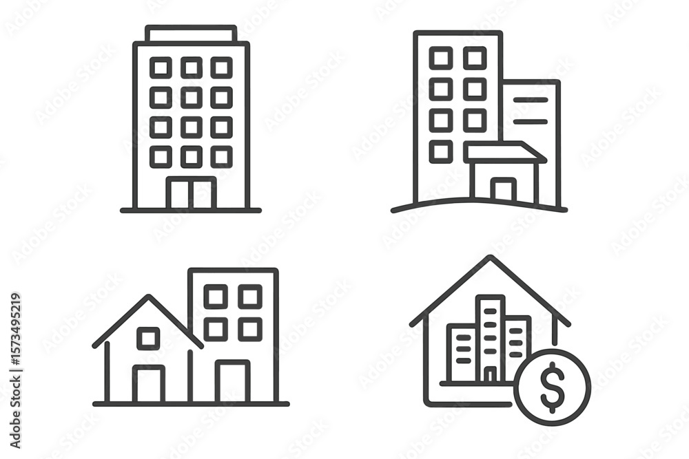 Real Estate and Office Building Line Icons Set. Modern Apartment, House, Skyscraper, Property Investment, Mortgage, Urban Architecture, Commercial and Residential Vector Illustration Real Estate and Office Building Line Icons Set. Modern Apartment, House, Skyscraper, Property Investment, Mortgage, Urban Architecture, Commercial and Residential Vector Illustration