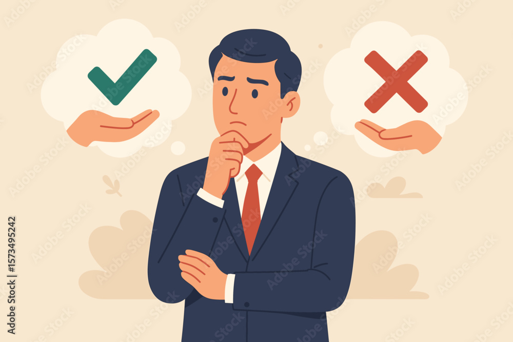 Business decision right or wrong. True or false choice. Moral dilemma, ethics concept. Thoughtful man choosing an option. Correct vs incorrect. Yes and no validation symbols. Business decision right or wrong. True or false choice. Moral dilemma, ethics concept. Thoughtful man choosing an option. Correct vs incorrect. Yes and no validation symbols.