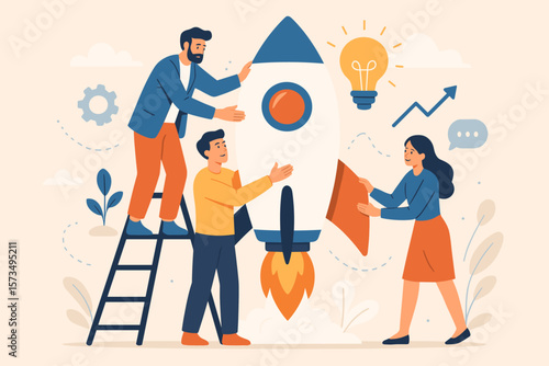 Building a startup company. Teamwork and collaboration to develop business innovation idea. Coworkers support each other to launch rocket. Project growth and success concept.