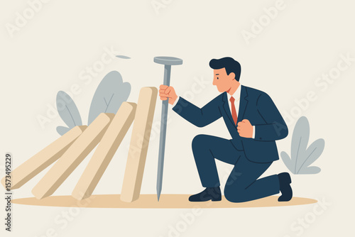 Business continuity and recovery plan. Crisis management metaphor. Proactive businessman stops falling domino effect. Risk prevention, disaster protection strategy concept.