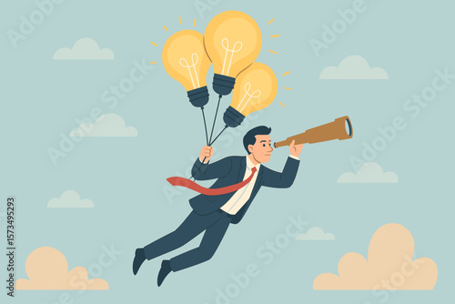 Businessman with lightbulb balloons searching for new opportunity. Business idea, creativity, innovation, visionary concept. Finding solutions for success. Looking to the future.