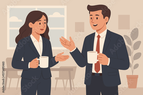 Coffee break with colleagues. Businessman and businesswoman discussing work, brainstorming. Office communication, teamwork, professional networking and collaboration concept.