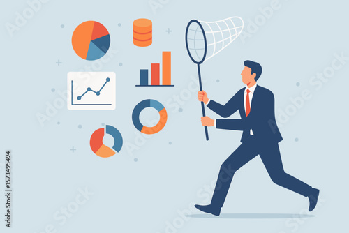 Data collection, analysis concept. Businessman with net catching statistics, charts, and graphs. Big data processing, research, consolidation, and business intelligence metaphor.