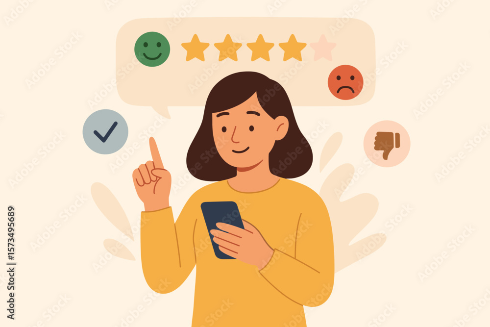 Customer experience concept. Woman holding a smartphone giving positive review and satisfaction rating. CX and UX user experience feedback. Online opinion on product and service. Customer experience concept. Woman holding a smartphone giving positive review and satisfaction rating. CX and UX user experience feedback. Online opinion on product and service.