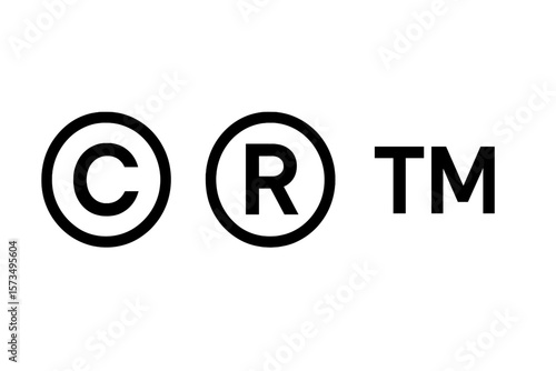 Intellectual property law symbols. Copyright, registered, trademark icon set for branding and business. Legal ownership and patent protection concept. Vector illustration.