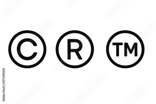 Copyright, registered, and trademark symbol collection. Intellectual property law icon set. Brand identity protection and ownership mark. Legal rights and patent symbols.