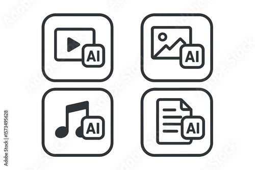 AI content generation icon set. Create media with artificial intelligence. Video, image, audio, and text generator symbols. UI, UX and app buttons. Vector illustration.