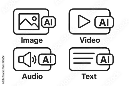 AI generate button set. Create media file, image, video, audio, text with artificial intelligence. AI symbol for app, ui, ux, and website. Content generation vector icons.