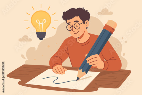 Copywriter or blogger with a creative idea. Inspiration and imagination for writing success. Talent and skill concept. Smart man with big pencil and lightbulb for innovation.