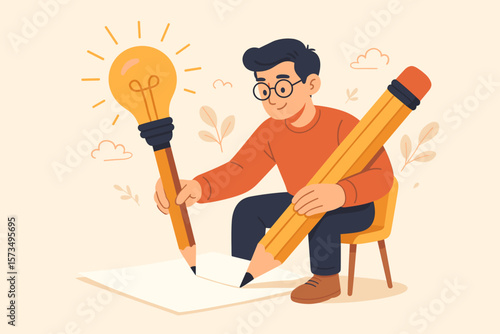 Copywriter or blogger with a creative idea. Inspiration for writing and storytelling. Imagination for success in work. Man with a pencil lightbulb. Talent and skill concept.
