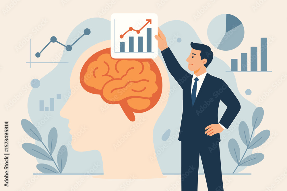 Data scientist doing research and information analysis for business intelligence. Man putting chart in head. Metaphor for big data, knowledge, and genius marketing strategy. Data scientist doing research and information analysis for business intelligence. Man putting chart in head. Metaphor for big data, knowledge, and genius marketing strategy.