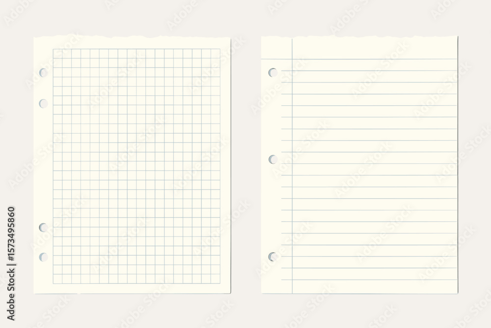 Blank notebook paper with torn edge. Empty page set with square graph and ruled line paper. Vector illustration. School supplies. Realistic notepad sheet for education.