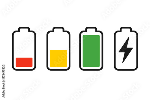 Battery level icon set, charge indicator collection with low, medium, full, charging symbols, for app UI, mobile interface, tech design, transparent PNG, vector illustration